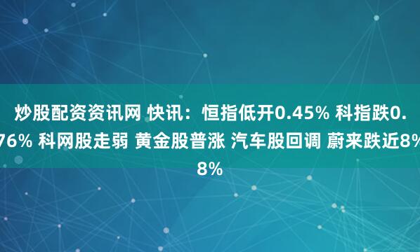 炒股配资资讯网 快讯：恒指低开0.45% 科指跌0.76% 科网股走弱 黄金股普涨 汽车股回调 蔚来跌近8%